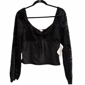NWT LA PECHE Wide Neck Off the Shoulder Corset Blouse Lace Sleeves Black XL